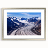 Textured abstract art print of a Yukon scenery in muted earth tones, framed in silver, ideal for bedroom decor.
