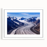 Abstract art print of Yukon scenery in muted green and blue tones on a white-framed canvas, ideal for dining room decor.