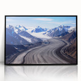 Large abstract wall art depicting Yukon scenery in muted earth tones on a framed acrylic, ideal for modern living room decor.