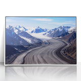 Acrylic print of a serene Yukon landscape in soft blue and white tones, framed in white, suitable for modern art wall decor.