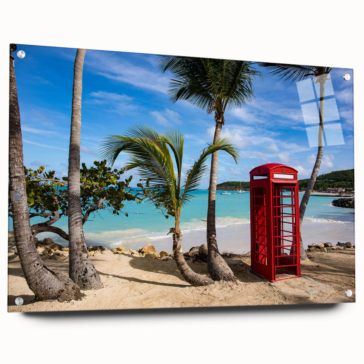 Large abstract wall art of Caribbean scenery in vibrant blue and green tones on acrylic glass.