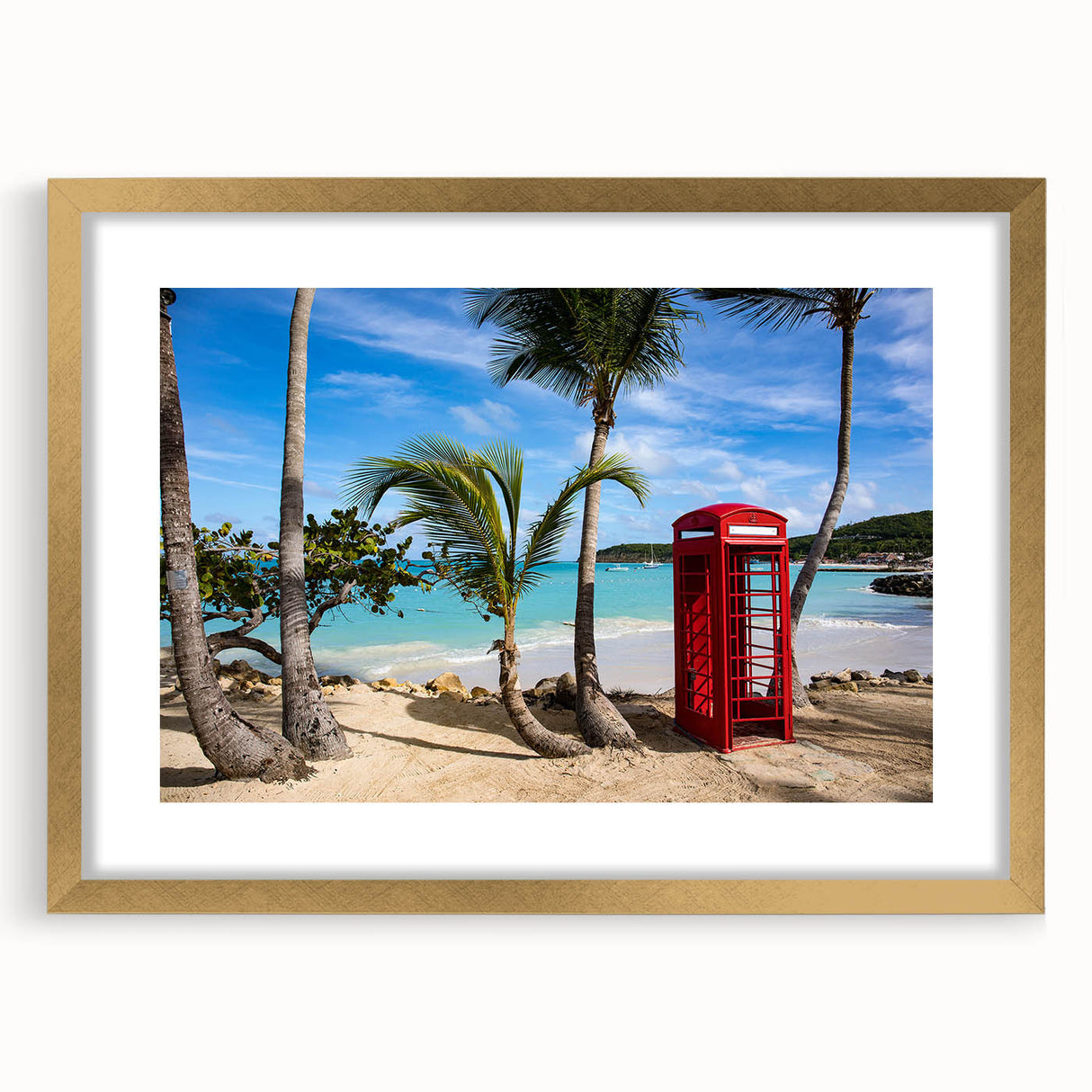 Abstract art print of Caribbean scenery in gold frame, featuring muted blue and green tones, ideal for dining room decor.