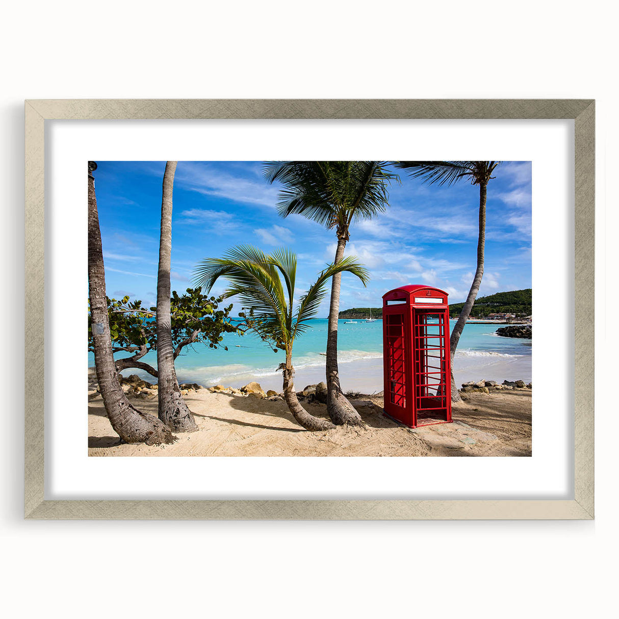 Extra large abstract art print depicting Caribbean scenery in textured shades of blue and green, framed in silver.