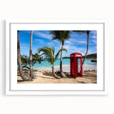 Textured abstract art print depicting Caribbean scenery in vibrant blue and green tones, framed with a white mat.