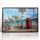 Large abstract wall art featuring a Caribbean scenery in muted blue and green tones on a framed acrylic.