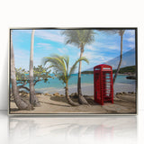 Large art print of a Caribbean Antigua scenery in muted blue and green tones, framed in silver acrylic.