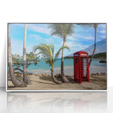 Mid-century modernist art depicting a serene Caribbean Antigua landscape in soft pastel tones on a framed acrylic print.