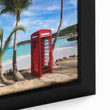 Close-up of a black wall art canvas featuring a textured Caribbean Antigua scenery in vibrant colors.