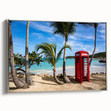 Framed canvas featuring a vintage-style landscape painting of Antigua with vibrant blue and green tones.