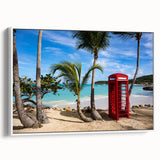 Vintage poster art of Caribbean Antigua scenery on a framed canvas, featuring colorful art on a black background.