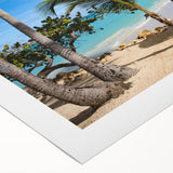 Art deco poster of Antigua scenery in pastel shades, printed on rolled canvas, suitable for dining room wall art.