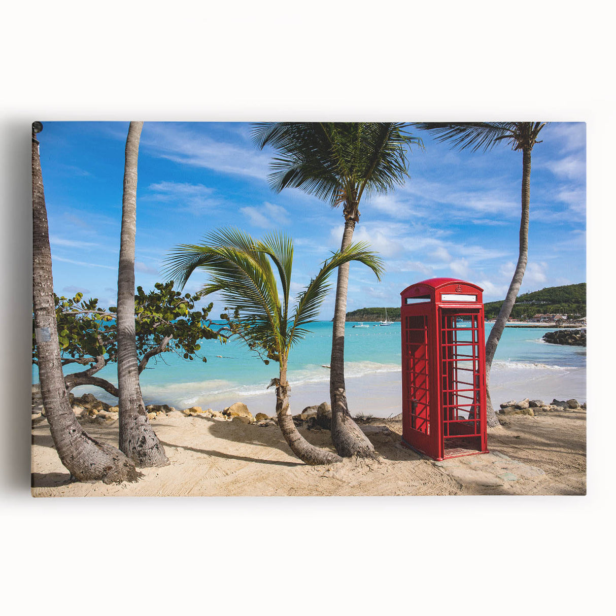 Black and white stretched canvas of Caribbean Antigua scenery, ideal for kitchen wall art.