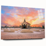 Large abstract wall art of a Caribbean beach scene in soft blue and sand tones on acrylic glass.