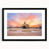 Extra large abstract art print of a colorful Caribbean scenery on textured canvas, framed in black.