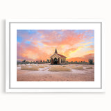 Textured abstract art print of a Caribbean seascape in vibrant blue and green tones on a white framed mat.