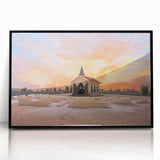 Large abstract wall art depicting a Caribbean seascape in vibrant blue tones, framed in black acrylic.