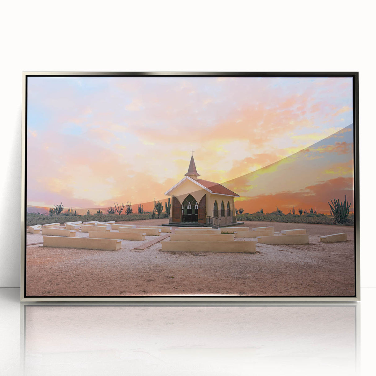 Large art print of a Caribbean scenery in Aruba, featuring a silver-framed acrylic with mid-century modernist style.