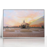 Mid-century modernist art of a Caribbean scenery in Aruba, framed acrylic with white border, ideal for modern art wall decor.