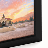 Framed canvas featuring a textured depiction of a Caribbean beach with palm trees in vibrant colors.