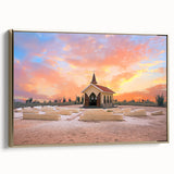 Framed canvas depicting a vintage-style Caribbean landscape in muted gold and black tones, ideal for bedroom wall decor.