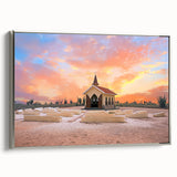 Framed canvas featuring a vintage-style landscape painting of the Caribbean coastline in vibrant colors.