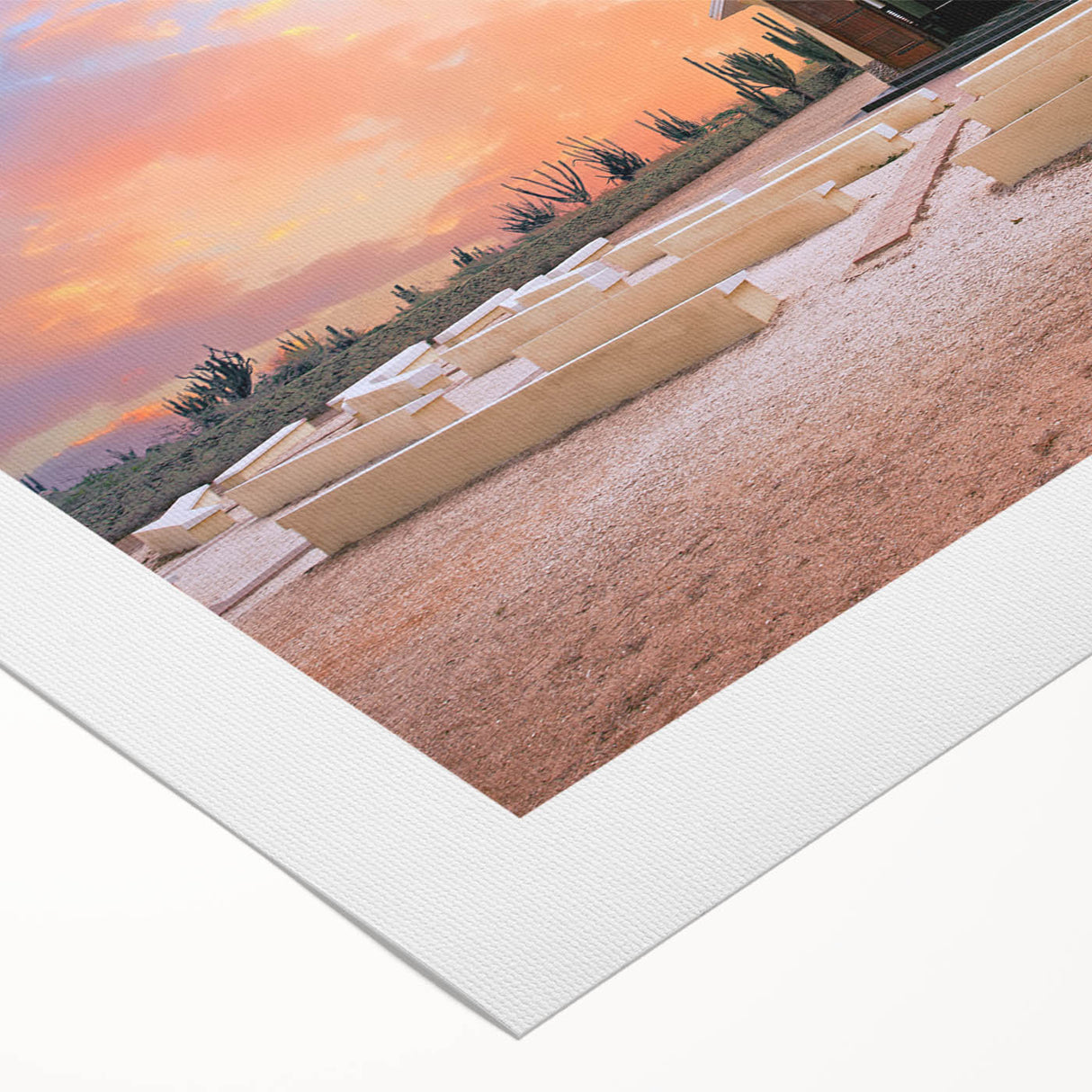 Art deco poster of a Caribbean Aruba scenery in pastel shades on rolled canvas, suited for dining room decor.