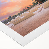 Art deco poster of a Caribbean Aruba scenery in pastel shades on rolled canvas, suited for dining room decor.