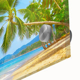 Mid-century modernist acrylic print depicting abstract Caribbean scenery in vibrant blues and greens.