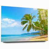 Large abstract wall art depicting Caribbean scenery on acrylic glass, in vibrant blue and green tones.