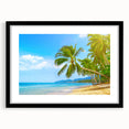 Abstract art print of Caribbean scenery in vibrant colors on a large framed canvas, suitable for living room decor.