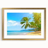 Abstract art print of a Caribbean seascape in muted blue and green tones, framed in gold, suitable for dining room decor.