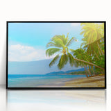 Large abstract wall art depicting a Caribbean scene in vibrant blue tones, framed acrylic.