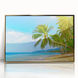 Art deco poster of a Caribbean scenery in acrylic frame, featuring ocean blues and sandy gold tones.