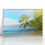 Mid-century modernist art depicting a serene Caribbean scenery in pastel blue and white tones, framed acrylic.