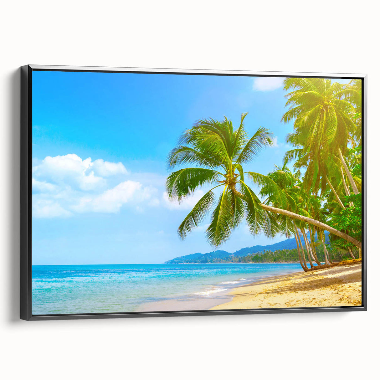 Black and white framed canvas of a vintage Bahamas landscape, ideal for bedroom wall art.