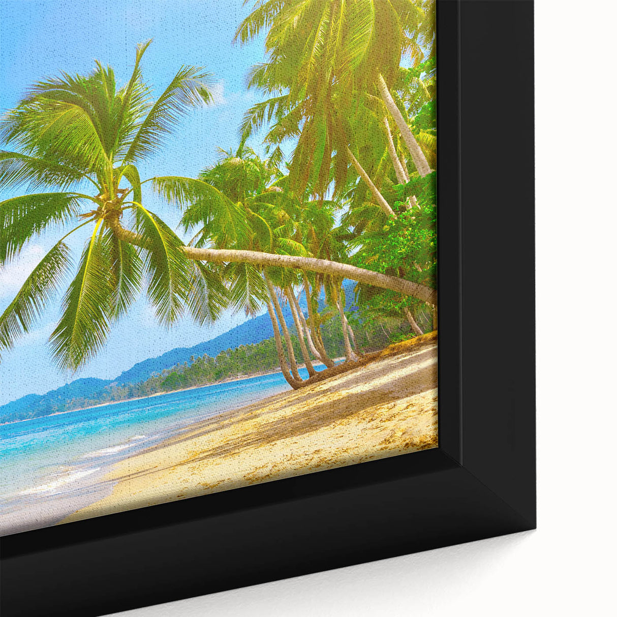 Extra large framed canvas depicting a textured black wall art scene with colorful Caribbean scenery.