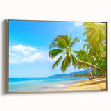 Framed canvas featuring a vintage-style landscape painting of the Caribbean Bahamas, with subdued gold and black tones.