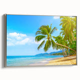 Framed canvas of a vintage-style Caribbean landscape painting with vibrant blue and green hues, ideal for living room decor.