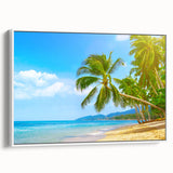 Vintage poster art of a Caribbean scenery on a large framed canvas, featuring vibrant blue and green tones.