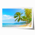Extra large rolled print of a Caribbean beach scene with vibrant blue and sandy hues, ideal for dining room wall art.