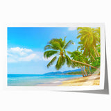 Extra large rolled print of a Caribbean beach scene with vibrant blue and sandy hues, ideal for dining room wall art.