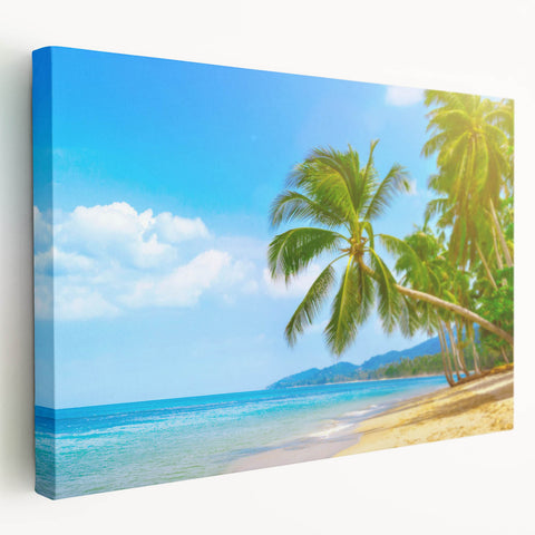 Tropical beach scene on stretched canvas with vivid blue and green tones, suitable for kitchen wall art.