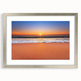 Extra large abstract art print featuring textured waves in blue and white tones, framed in silver.