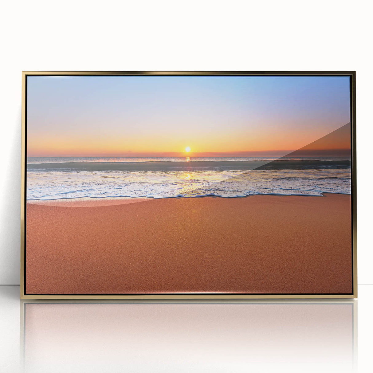 Art Deco-style poster of a Caribbean scenery in gold acrylic frame, suitable for modern art wall decor.