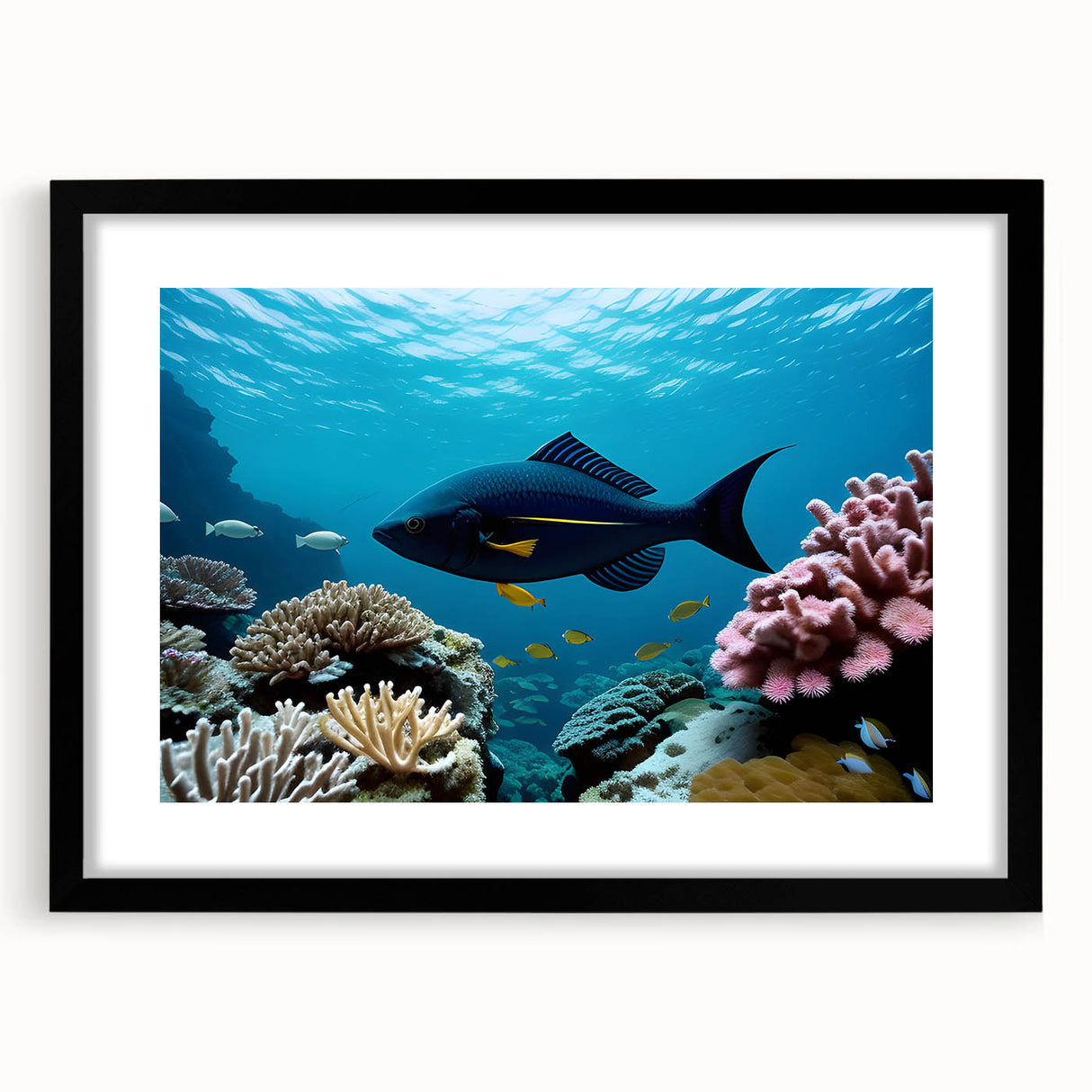 Extra large abstract art print of Caribbean scenery in vibrant, colorful hues on a textured canvas, framed in black.