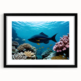 Extra large abstract art print of Caribbean scenery in vibrant, colorful hues on a textured canvas, framed in black.