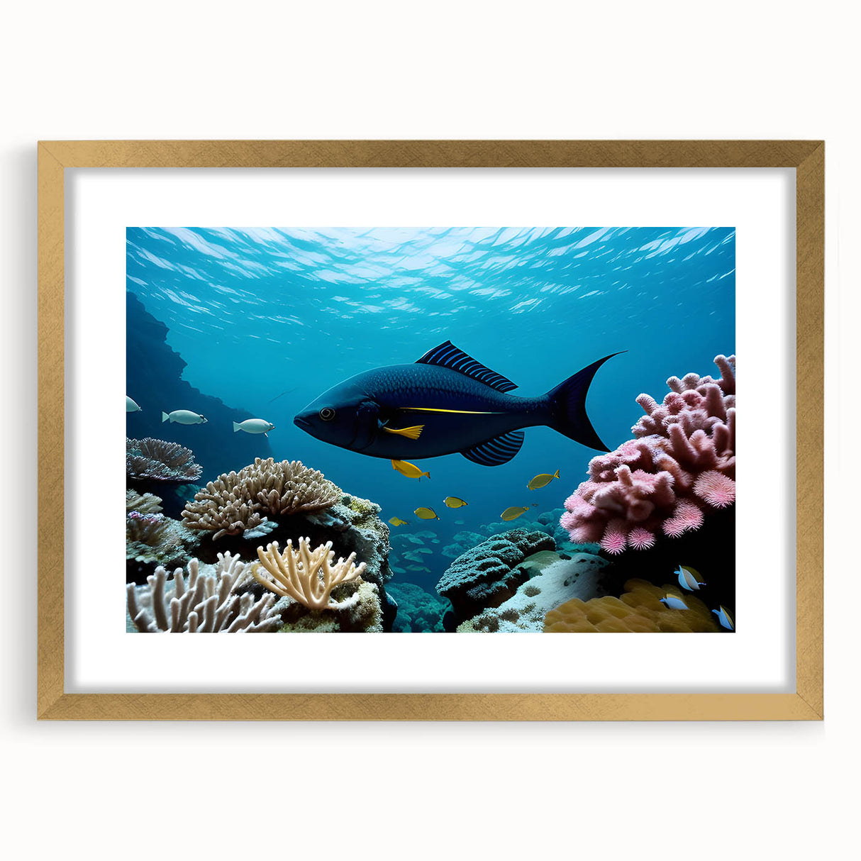 Textured abstract art print depicting a serene Caribbean scene in muted blue and green tones, framed in gold.