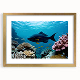 Textured abstract art print depicting a serene Caribbean scene in muted blue and green tones, framed in gold.