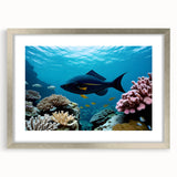 Abstract art print of Caribbean scenery in muted blue and green tones, framed in silver, suitable for dining room decor.