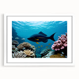 Extra large abstract art print of Caribbean scenery in textured style, with muted blue and green hues, framed in white.